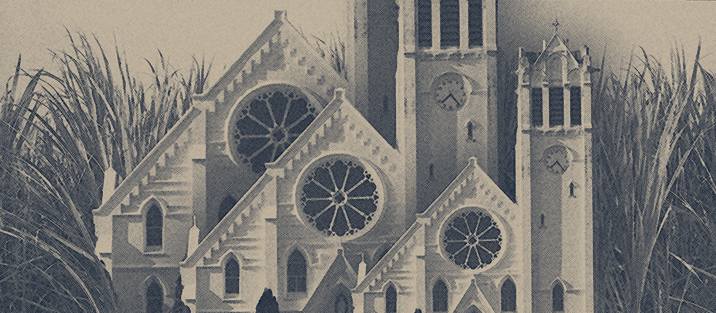 A blue-gray illustration of church rooftops and a bell tower framed by bare branches.